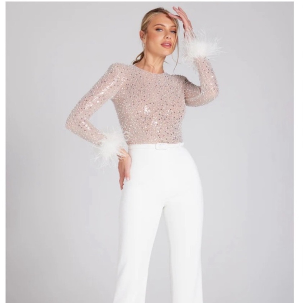 Nadine Merabi Sequin Jumpsuit with Feather Cuffs